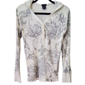Calvin Klein Cream & Gray Long Sleeve Graphic Floral T-shirt With Hood Size L